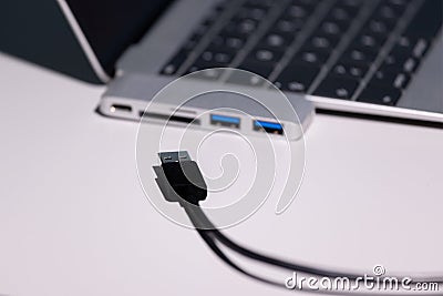 Supermacro photo shot focused on a black usb a cable, usb to usb-c adapter and laptop are strongly out of focus Stock Photo