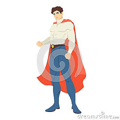 Superman or superhero. Handsome man with muscular body wearing bodysuit and cape standing in powerful posture. Brave and Vector Illustration