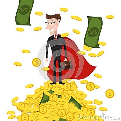 Superman on top of a mountain of money. Business, success Vector Illustration