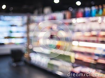 Supermarket aisle Product shelf Interior perspective Retail business Blur background Stock Photo