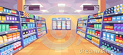 Supermarket aisle perspective view Vector Illustration