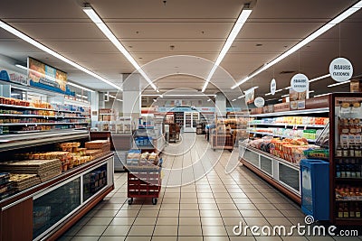 Supermarket aisle, products on market shelfs, shopping in grocery store Stock Photo