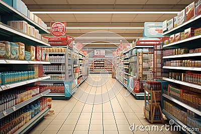 Supermarket aisle, products on market shelfs, shopping in grocery store Stock Photo