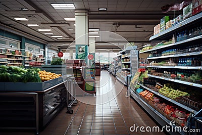 Supermarket aisle, products on market shelfs, shopping in grocery store Stock Photo