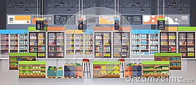Supermarket Aisle With Shelves, Grocery Items, Shopping, Retail And Consumerism Concept Vector Illustration