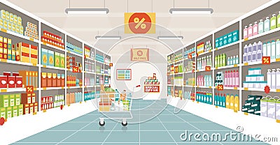 Supermarket aisle with shopping cart Vector Illustration