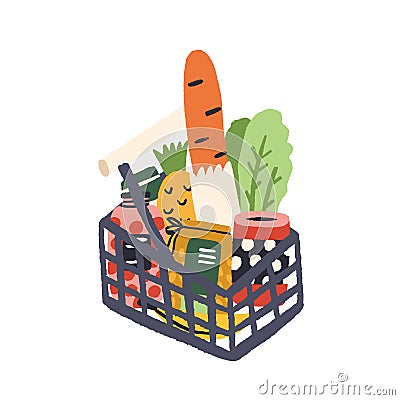 Supermarket basket full of fresh tasty products vector flat illustration. Shopping grocery basketful with bread, fruit Vector Illustration