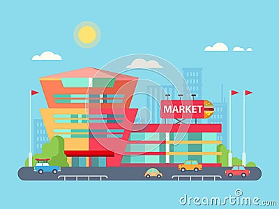 Supermarket Building Facade with Parking in front Vector Illustration