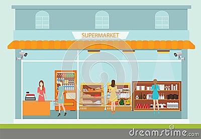 Supermarket building and interior with people buying products. Vector Illustration