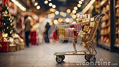 A supermarket cart with gold and red boxes of Christmas and New Year gifts between the supermarket's festive shelves. , Stock Photo