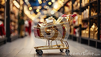 A supermarket cart with gold and red boxes of Christmas and New Year gifts between the supermarket's festive shelves. , Stock Photo