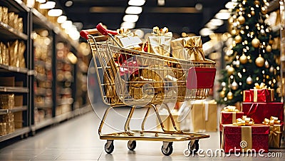 A supermarket cart with gold and red boxes of Christmas and New Year gifts between the supermarket's festive shelves. , Stock Photo