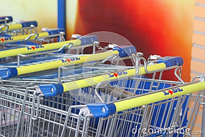 Supermarket trolleys of the Lidl discount supermarket, Netherlands Editorial Stock Photo