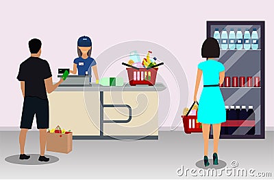 Supermarket cashier at the cash register and buyer Vector Illustration