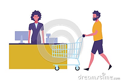 Supermarket cashier and man pushing shopping cart Vector Illustration