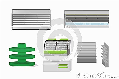 Supermarket closeup gray and green empty furniture Vector Illustration