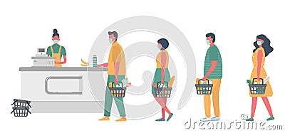 Supermarket during the coronavirus epidemic. Supermarket cashier in medical mask. Buyers wearing antivirus masks Vector Illustration