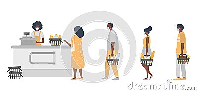 Supermarket during the coronavirus epidemic. Supermarket cashier in medical mask. Buyers wearing antivirus masks Vector Illustration