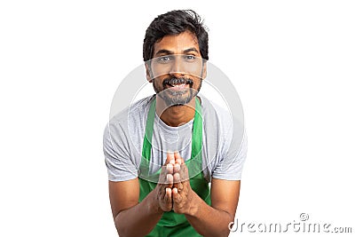 Supermarket employee making requesting gesture Stock Photo