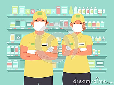 Supermarket employees wearing masks and protective gloves. Grocery store workers man and woman in uniform Cartoon Illustration