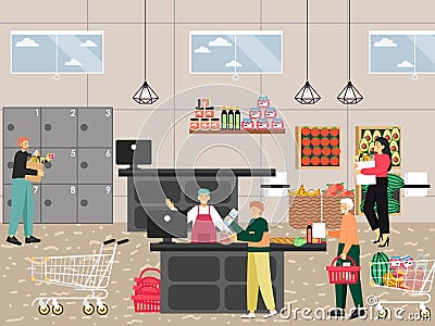 Supermarket entrance with cashier desk. People buying groceries, paying for purchases, vector illustration. Food shop. Vector Illustration