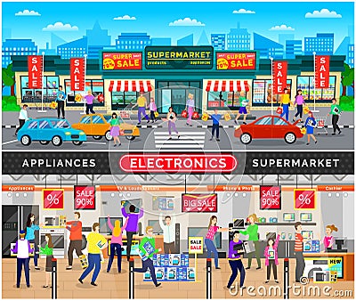 Supermarket Exterior and Interior, Electronics Store Vector Illustration