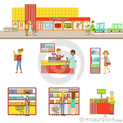 Supermarket Exterior And People Shopping Set Of Illustrations Vector Illustration