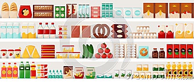 Supermarket food. Grocery shelves with cereal bread and milk, eggs or pasta. Market showcase template. Everyday products Vector Illustration