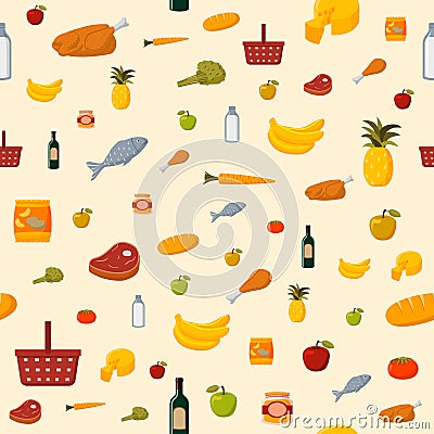 Supermarket food items seamless background Vector Illustration