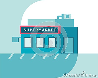 Supermarket front view. Market shop building. Flat vector illustration. Vector Illustration