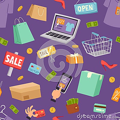 Supermarket grocery shopping cartoon vector pattern. Vector Illustration