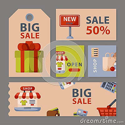 Supermarket grocery shopping retro cartoon cards set with customers carts baskets food and commerce products Vector Illustration