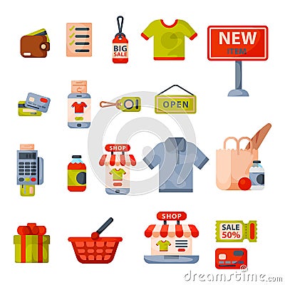 Supermarket grocery shopping retro cartoon icons set with customers carts baskets food and commerce products isolated Vector Illustration