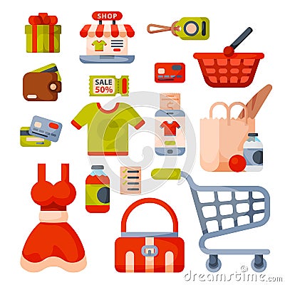 Supermarket grocery shopping retro cartoon icons set with customers carts baskets food and commerce products isolated Vector Illustration