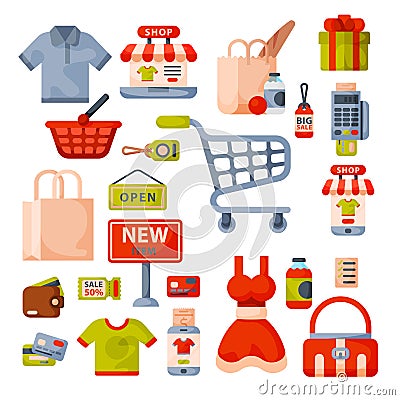 Supermarket grocery shopping retro cartoon icons set with customers carts baskets food and commerce products isolated Vector Illustration