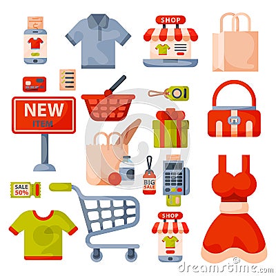 Supermarket grocery shopping retro cartoon icons set with customers carts baskets food and commerce products isolated Vector Illustration
