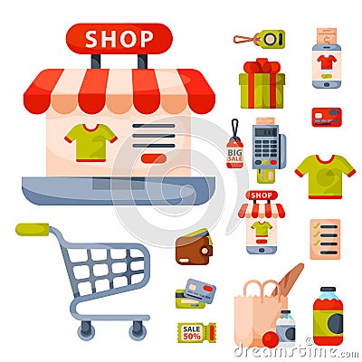 Supermarket grocery shopping retro cartoon icons set with customers carts baskets food and commerce products isolated Vector Illustration