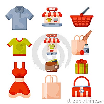 Supermarket grocery shopping retro cartoon icons set with customers carts baskets food and commerce products Vector Illustration