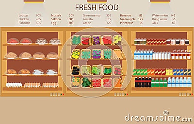 Supermarket grocery store with fresh food. Vector Illustration