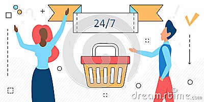 Supermarket grocery store online, customer people and basket for shopping line icons Vector Illustration