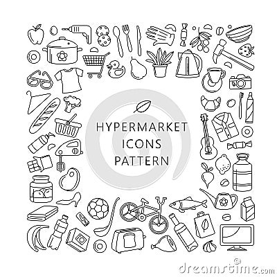 Hypermarket store food, appliances, clothes, toys icons background frame pattern Vector Illustration