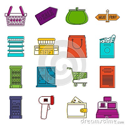 Supermarket icons doodle set Vector Illustration