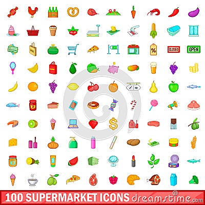 100 supermarket icons set, cartoon style Vector Illustration