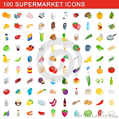 100 supermarket icons set, isometric 3d style Vector Illustration