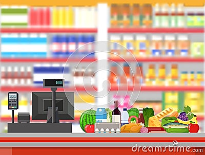 Supermarket interior. Cashier counter workplace. Vector Illustration