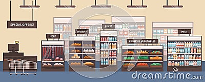 Supermarket interior flat vector illustration. Grocery store, shelves with food products. Cartoon food shop aisle Vector Illustration