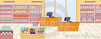 Supermarket interior with food shelves, vegetables, fruits and cashier zone. Modern empty food store vector image, flat Vector Illustration