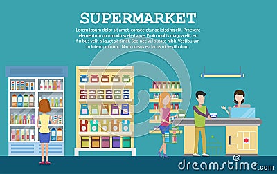 Supermarket interior with grocery, milk packs Vector Illustration