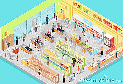 Supermarket Interior in Isometric Projection. 3D Vector Illustration