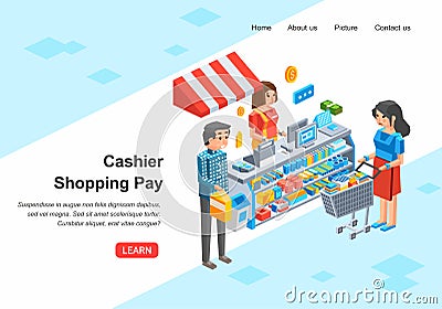Supermarket interior with people,man and women paying in the cashier with saleswoman, rack with stock display in the cashier desk Vector Illustration